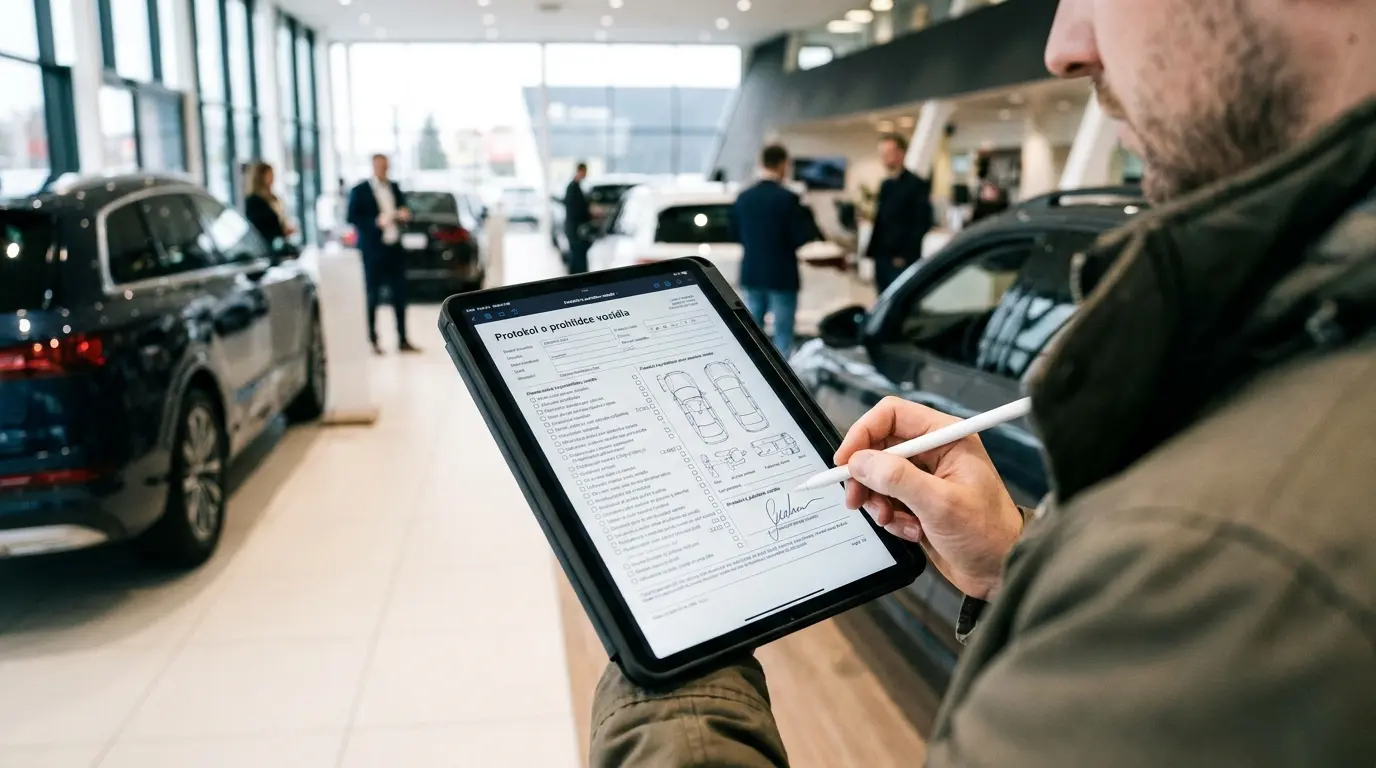 Подписание Předávací protokol на планшете в автосалоне Чехии